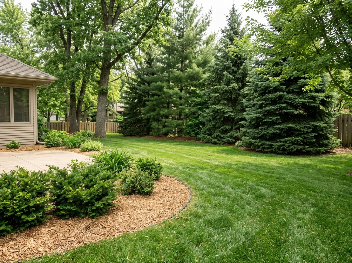 Neatly cared residential lawn edge and tidy tree line after property work