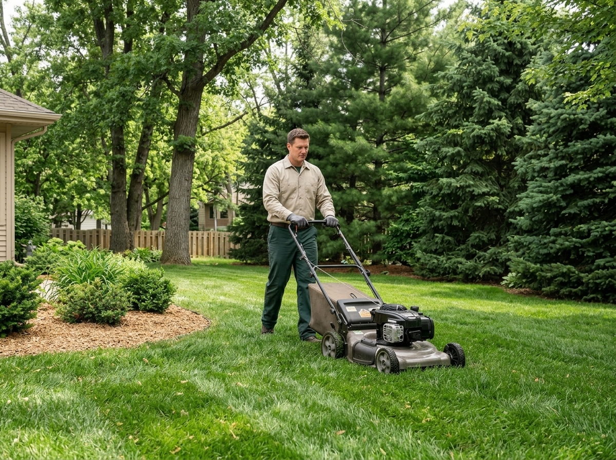 Lawn care professional mowing a well-kept residential yard