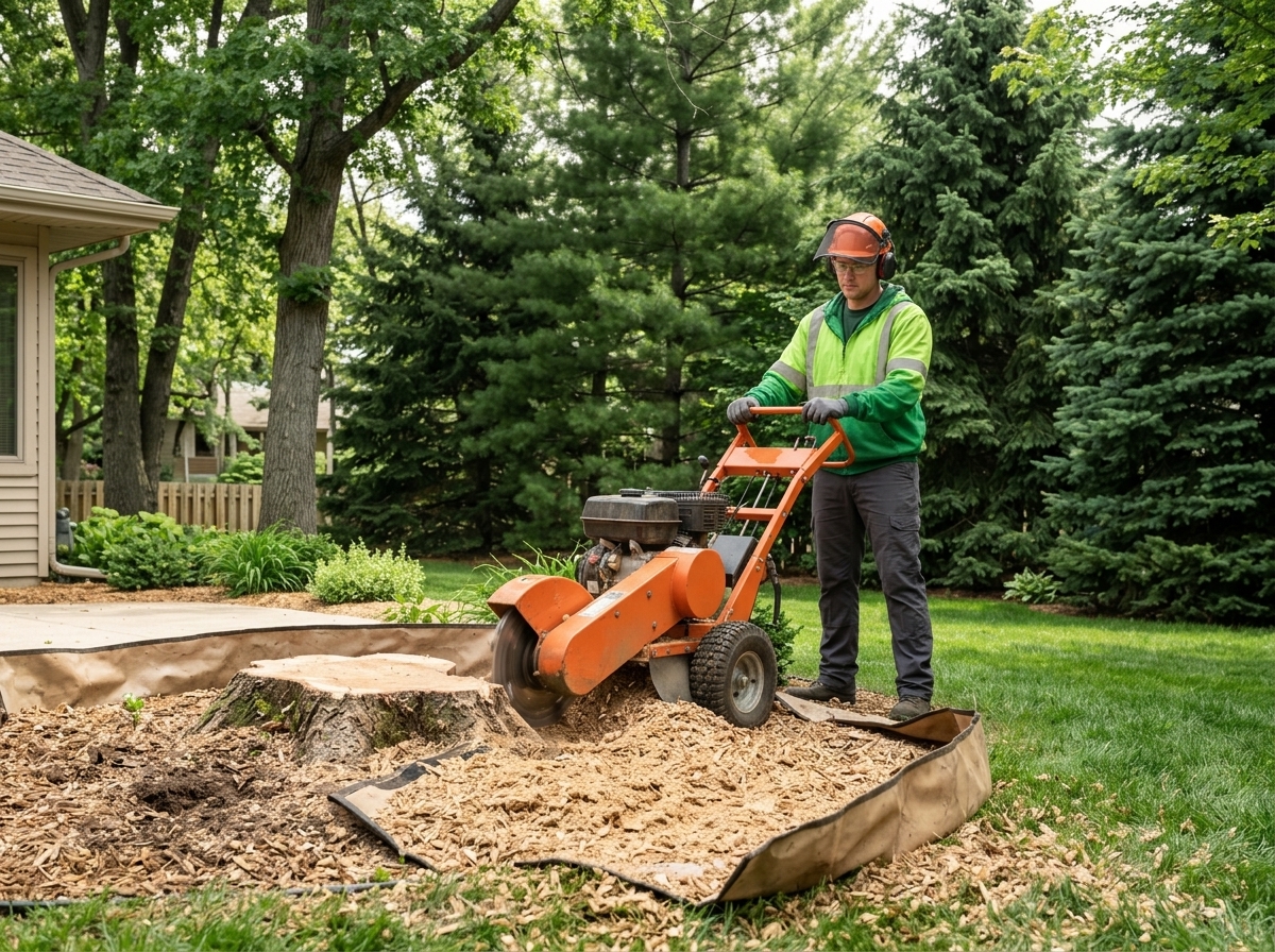 Stump grinding equipment working at the edge of a residential lawn